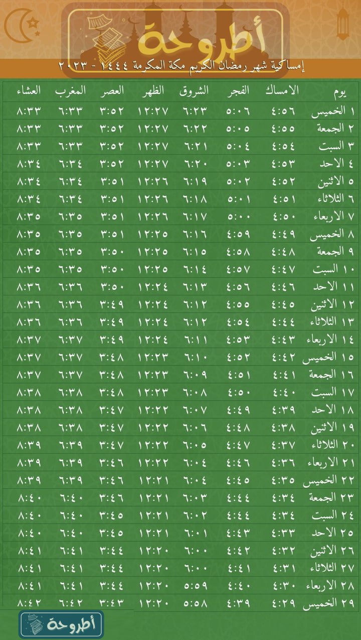 امساكية رمضان 2023 مواعيد الأذان للصلوات الخمس